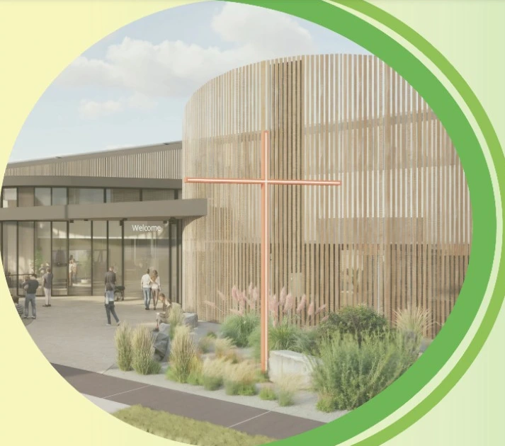 Architectural concept illustration of the proposed Mitcham Baptist Church entrance, featuring timber screening, landscaping and a prominent cross
